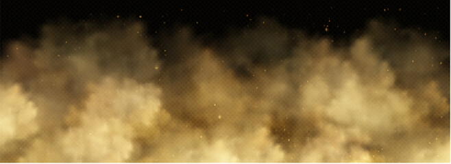 Sand dust cloud with flying particles on transparent background. Desert storm with brown smoke and dirt explosion effect. Realistic sandstorm overlay with powder and wind blown soil for dynamic impact