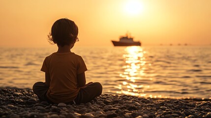 Child gazing at sunset over peaceful water.