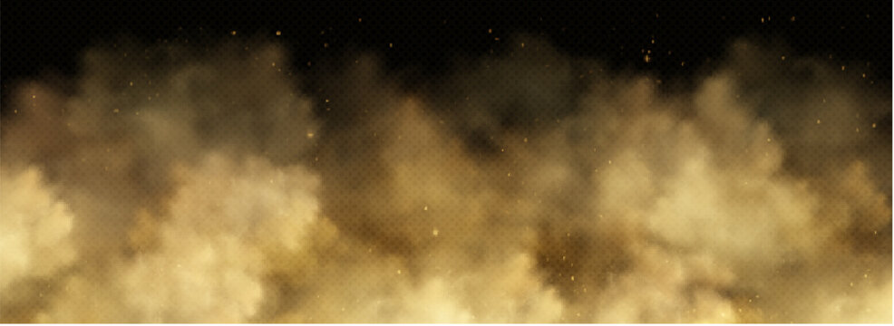 Sand dust cloud with flying particles on transparent background. Desert storm with brown smoke and dirt explosion effect. Realistic sandstorm overlay with powder and wind blown soil for dynamic impact