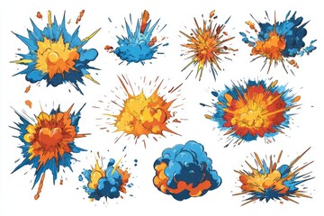 Dynamic explosions in orange and blue hues, radiating energy in a series of abstract, vector illustrations