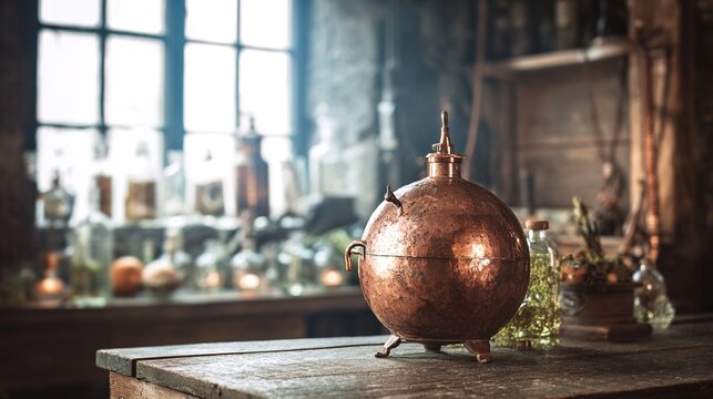 alembic. Vintage copper alembic still on a wooden workbench in an alchemist's workshop with a blurred background. STEM education sheets.