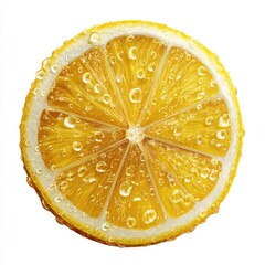 Translucent water droplets adorn a vibrant slice of citrus, revealing its juicy texture against a clean white backdrop