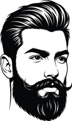 Stylized bearded man illustration, graphic head design, tattoo-style vector, facial hair art, mustache curl, black and white portrait