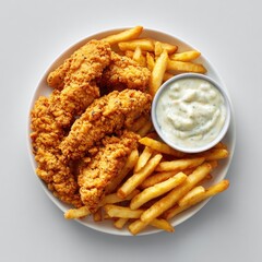 Plate of crispy fried chicken tenders and golden fries, side of creamy dipping sauce on white background