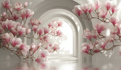 Pink magnolia blossoms frame arched doorways reflecting light in mirrored water floor. Serene, calming, dreamlike scene