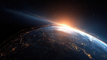 Abstract view of Earth's curve from space, lit by bright sunrise, interconnected with network of glowing lines