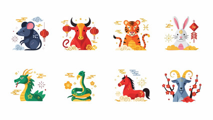 Fototapeta premium Colorful flat lay of eight Chinese zodiac animal icons in two rows on a white background with decorative elements.