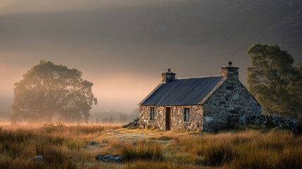 grampian. An ancient stone cottage sits in a misty valley during the golden hour. travel magazines, destination branding, designed for outdoor magazines and nature guides, inspires travel planning.