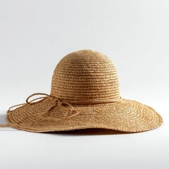 Straw hat with a wide brim and a ribbon tied on the side against a white background in soft light