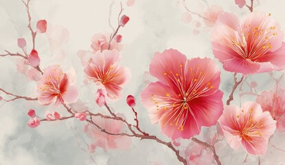 Detailed illustration of pink blossoms and branches against a muted grey, dreamlike background