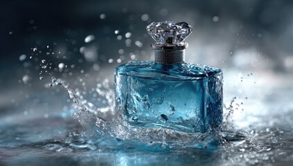 Teal glass perfume bottle with a crystal cap amidst a splash of water, on a blurred, cool-toned reflective surface