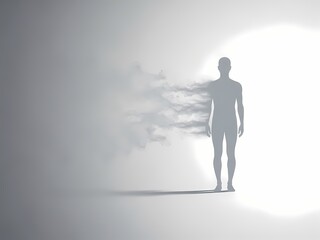 Obraz premium A conceptual illustration of a human silhouette dissolving into particles and light, symbolizing consciousness, identity shift, mental states, transformation, and abstract inner experience.