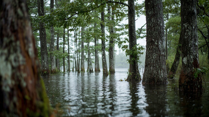 Flooded forest with trees standing in water.