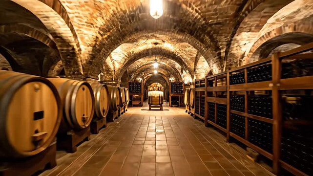 A wine cellar with brick vaulted ceilings, barrels, and racks of bottles illuminated by hanging lights
