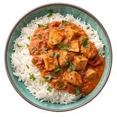 Chicken Tikka Masala Served with Rice, Overhead View, Traditional British-Style Chicken Curry with Rice, Flat Lay