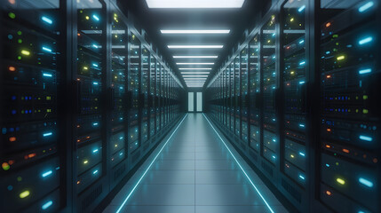 Futuristic data center corridor with endless rows of server racks, glowing blue LED lights, reflective floor, strong perspective leading to a bright vanishing point, ultra-modern technology