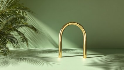 Minimalist composition with a golden arch, casting shadows from a tropical plant on a pastel green surface