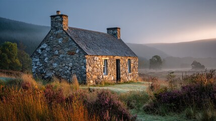 grampian. An ancient stone cottage sits in a misty valley during the golden hour. travel magazines, destination branding, designed for outdoor magazines and nature guides, inspires travel planning.
