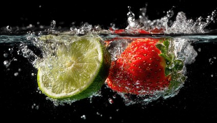 Lime and strawberry splash in water. Bubbles and droplets on black backdrop
