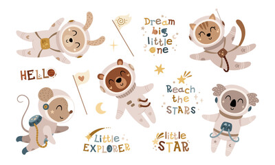 Cute animal astronauts and inspirational motivational phrases for kids space design. Cosmic adventure clipart in cartoon style. Vector illustration. © JulzaArt