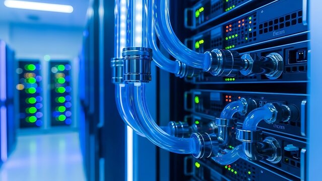 Close up of glowing blue liquid cooling pipes connected to server racks