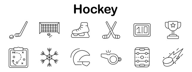 Fototapeta premium Hockey set icon. Line style elements showing puck, stick, goal, whistle, strategy, scoreboard, ice skates, trophy, snowflake, and arena symbols