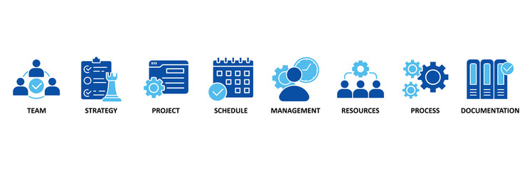 Work flow banner web icon set In Blue Style vector illustration foricon of team, strategy, project, schedule, management, resources, process, documentation