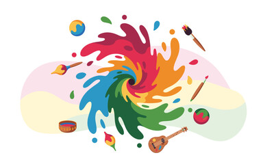 Obraz premium Vibrant artistic swirl with paintbrushes and musical instruments