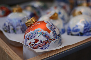 Christmas holidays. Christmas Eve. Decorating the Christmas tree. Balls. Christmas decorations at home.