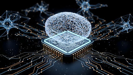 Abstract image showing a stylized brain and microchip with glowing connections
