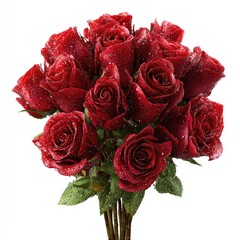 A bouquet of deep red roses is sprinkled with glistening water droplets on a crisp, clean, white background