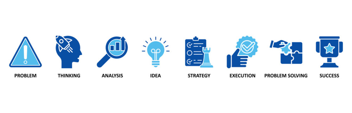 Solution banner web icon set In Blue Style vector illustration foricons of problem, thinking, analysis, idea, strategy, execution, problem-solving, success