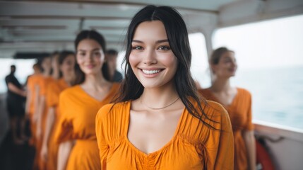 Fototapeta premium A young woman radiates happiness as she smiles on a boat deck, surrounded by friends all wearing bright orange outfits. The scene captures joy and friendship under the sun by the sea