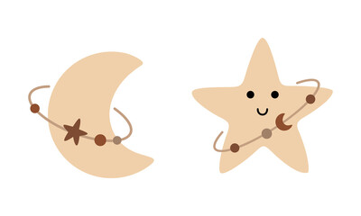 Cute cartoon moon and star clipart, Pastel celestial design, Night sky objects, Cosmic vector illustration.