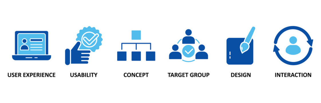 User interface design banner web icon set In Blue Style vector illustration foricon of user experience, usability, concept, target group, design and interaction