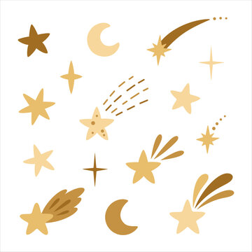 Celestial clipart set with golden stars, moon, comets for space design. Night sky elements, Minimal cosmic illustration in cartoon style.