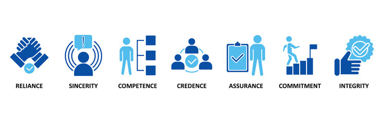 Trust building banner web icon set In Blue Style vector illustration foricon of reliance, sincerity, competence, credence, assurance, commitment and integrity