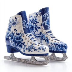 Delftware patterned ice skates with silver blades set against a plain white backdrop