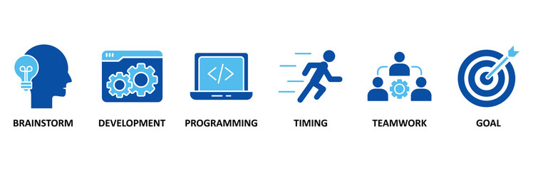 Hackathon banner web icon set In Blue Style vector illustration fordesign sprint-like social coding event with icon of brainstorm, development, programming, timing, speed, teamwork, and goal