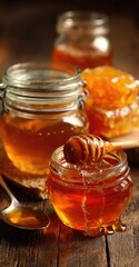 Golden honey in jars and honeycomb, on a wooden surface, lit warmly, inviting and sweet