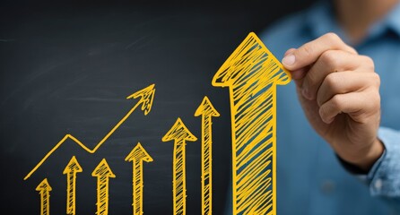 Person drawing ascending arrows on a dark surface, symbolizing growth and progress