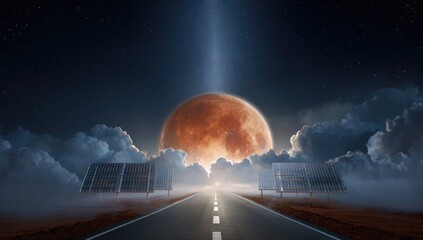 Eerie reddish moon rises beyond clouds on a desolate road lined with solar panels under starry, blue-lit sky