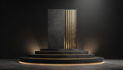 Three-tiered black stage with golden accents and a dark textured backdrop in spotlight against a darkened space