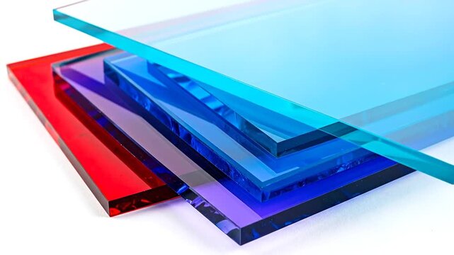 A collection of transparent, colorful, stacked acrylic sheets in shades of red, purple, blue, and teal