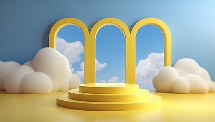 Yellow podium before three arches with clouds and blue sky. Bright, cheerful scene