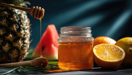 Jar of honey with fruits pineapple, watermelon, oranges, lemons on a dark background with palm leaf shadows