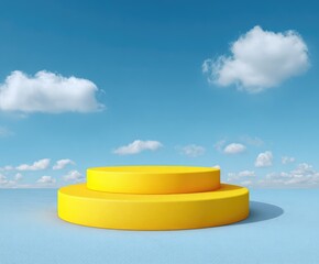 Sunny scene a two-tiered yellow platform atop a light blue surface under a bright blue sky with fluffy clouds