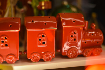 Red ceramic train for Christmas. Christmas decor.