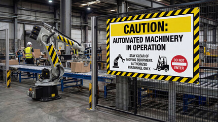Industrial workplace safety protocol enforcement automated machinery operation warning signage preventing worker injury through proper hazard communication OSHA compliance regulatory requirements