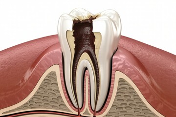  A medical cross-section illustration reveals the internal structure of a human tooth affected by decay. 